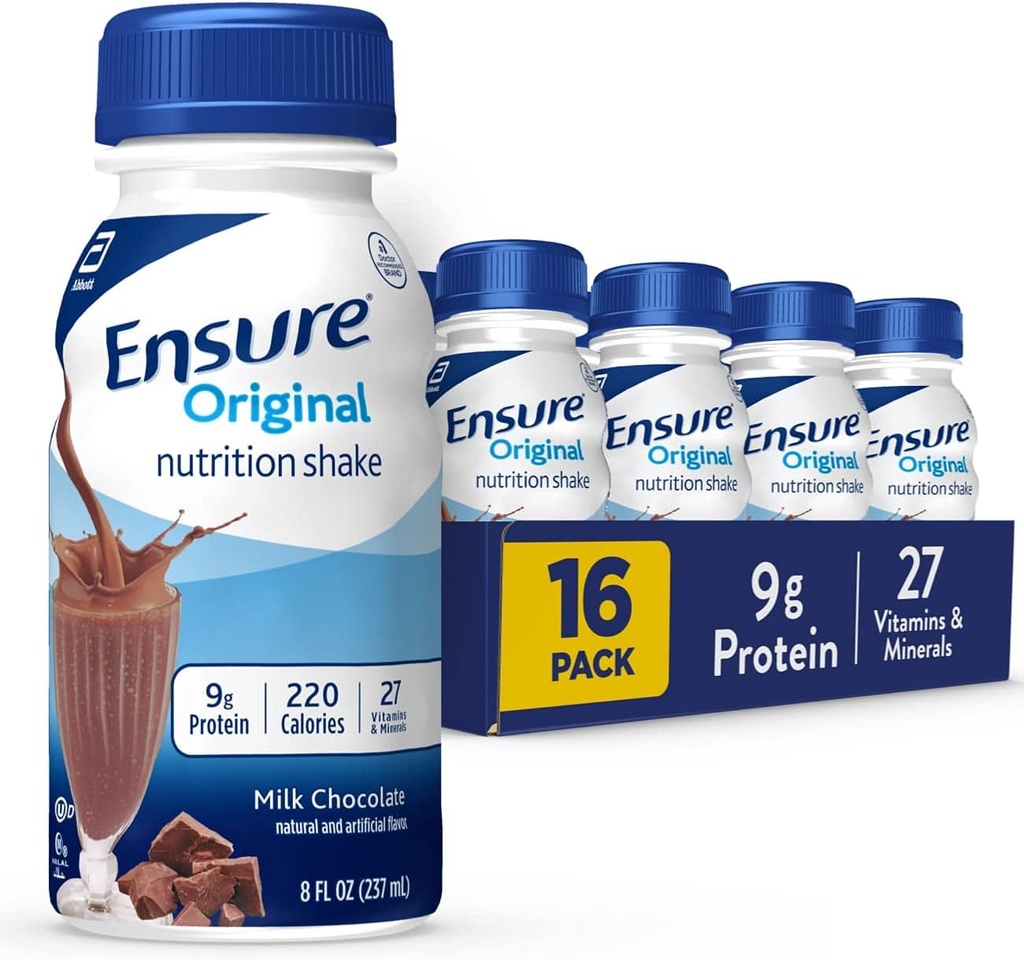 Asegurar la leche original Chocolate Nutrición Afeitar Reemplazo de la Meal Pequeña Afeitada para Beber Silencio 9g Proteína, 27 Vitaminas y Minerales  8 fl oz - 16 Pack