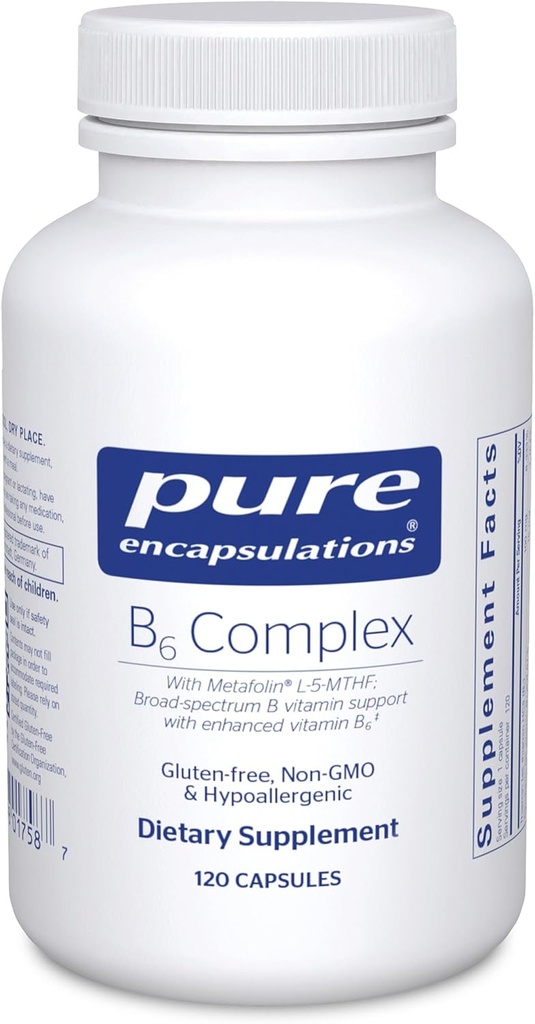 Complejo B6 encapsulaciones puras - Soportes Nervous System & Brain Health* - Incluye vitaminas B - Contiene vitamina B6 enriquecida - No GMO &amp; Gluten Gratis - 120 cápsulas