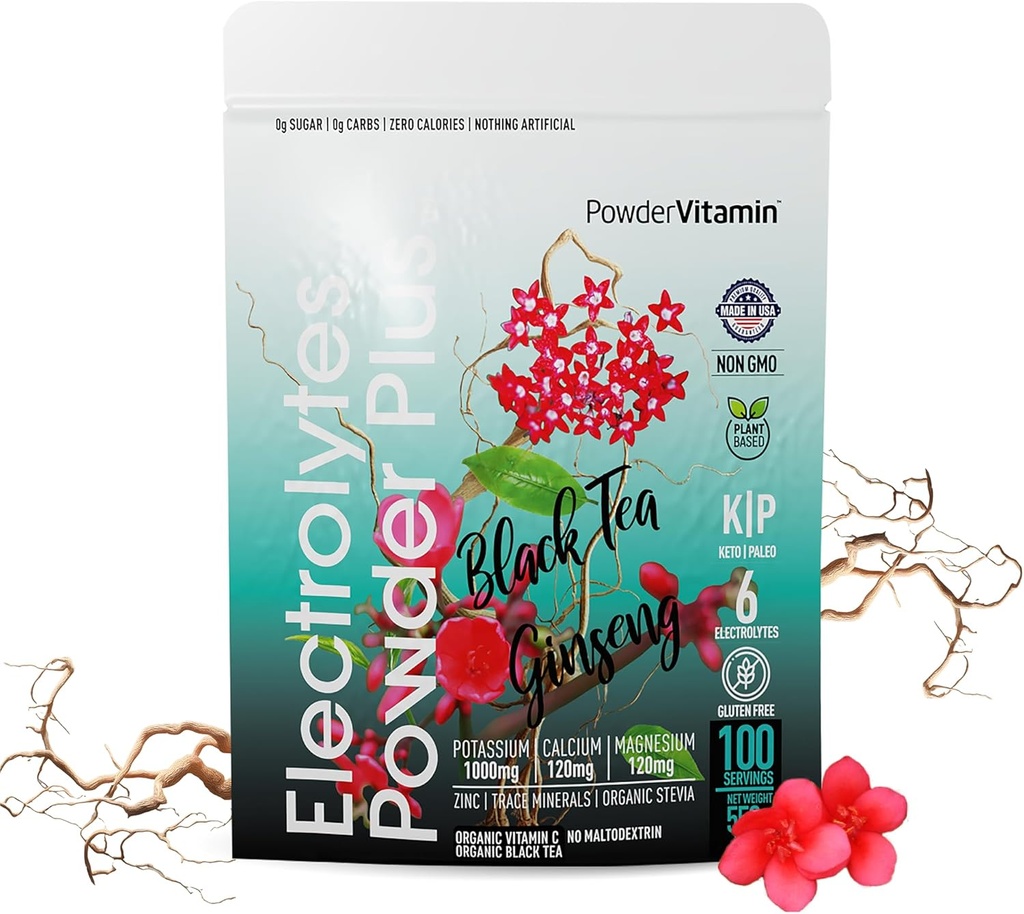 PowderVitamin Electrolytes Powder Plus (100 Servings) Black Tea Ginseng Electrolyte Powder Keto, Sugar Free, Pink Himalayan Salt,1000mg Potassium,150mg Calcium,150mg Magnesium, Hydration Powder