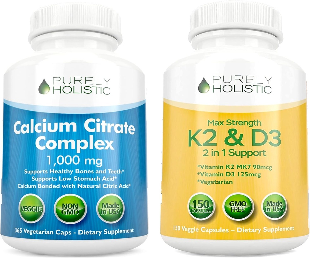 Complejo de citrato de calcio puramente holístico 1000mg + vitamina D3 125mcg K2 MK7 90mcg - 365 cápsulas veganos + 150 cápsulas vegetarianas Bundle - Made in USA