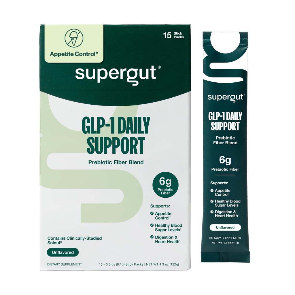 Supergut GLP1 Daily Support - High Fiber GLP-1 Supplement Powder for Women & Men - Sugar-Free Drink Mix for Gut Health (15 Servings)