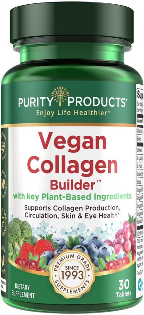 Vegan Collagen Builder - Organic Whole Foods Fruits + Veg, Silica, Lutein, Vitamin C, Biotin, Grape Seed - Amino Acids Glycine, Lysine + Proline Collagen Boosters (30 Servings, Tablets)
