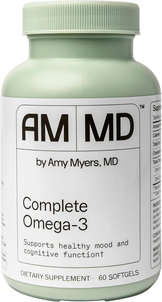 Amy Myers MD Complete Omega-3 Softgels - Fish Oil Supplement for Cardiovascular & Immune System Support - Non-GMO, Non-Dairy & Non-Soy - 60 Softgels (60 Servings)