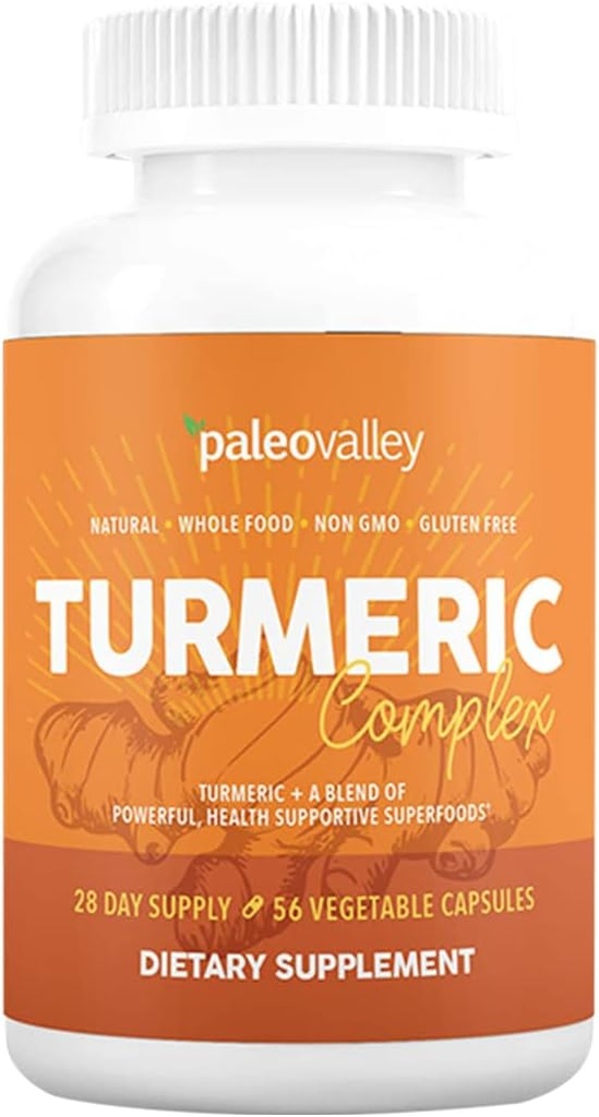 Paleovalley - Complejo Turmérico Orgánico - Turmérico Orgánico Espectrum completo con Superalimentos Salud-Apoyo - 56 cápsulas vegetarianas - Conjuntos de soporte, inmunidad, cerebro y salud cardíaca