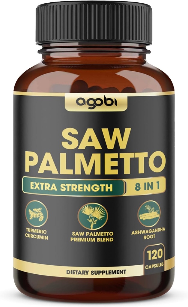 8in1 Saw Palmetto Prostate Support Supplement with Ashwagandha, Turmeric, Ginger, Nettle Leaf, Holy Basil & More - 120 Vegan Capsules for 2 Months