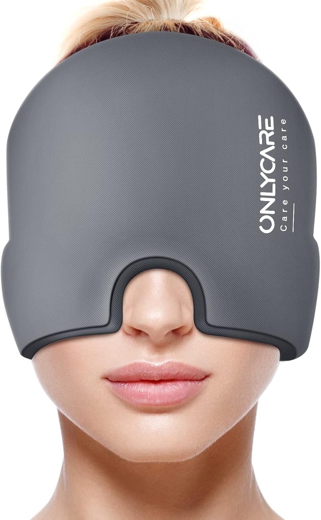 ONLYCARE Migraine Relief Cap,Soothing Migraine Mask, Upgraded Odorless Gel Ice Head Wrapy, Hot and Cold Therapy, FSA o HSA Eligible Headache Ice Pack for Tension and Stress(Grey)