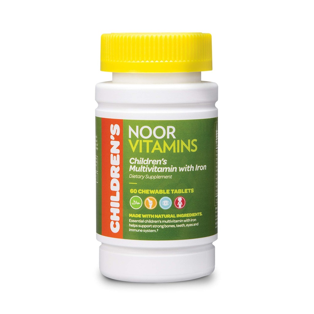 Noor Vitamins Halal Kids Multivitamin Chewable: Essential Vitamins for Immune, Bone & Eye Health with Iron - Non GMO & Gluten Free - Halal Vitamins 60 Count (2 Month Supply)