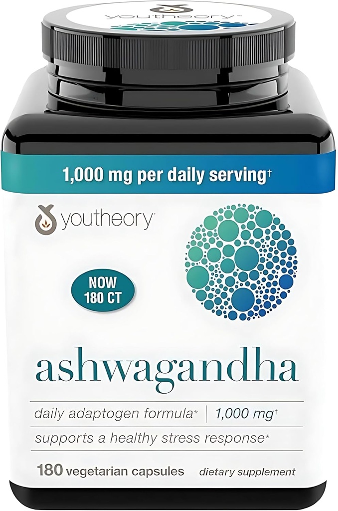 Genérico Ashwagandha Suplemento Orgánico KSM-66 Ashwagandha Vegetarian Suplemento 180 cápsulas, 1000 mg por servicio diario, ayuda a la respuesta de gestión de estrés saludable, claro