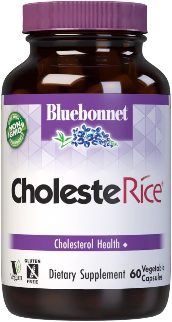 Bluebonnet Nutrition CholesteRice Vegetable Capsules, Red Yeast Rice, Plant Sterols, Pantethine, CoQ10, Policosanol, Vegan, Vegetarian, Non GMO, Gluten Free, Milk Free, SOY-FREE, 60 cápsulas vegetales