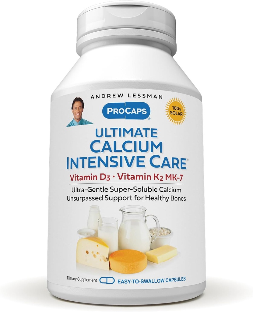 ANDREW LESSMAN Ultimate Calcium Intensive Care with Vitamin D3 and K2 MK7-120 mcg - 60 Capsules - Bone and Skeleton Health Essentials. Suave, Fácil de Tragar, Super Soluble. No hay aditivos