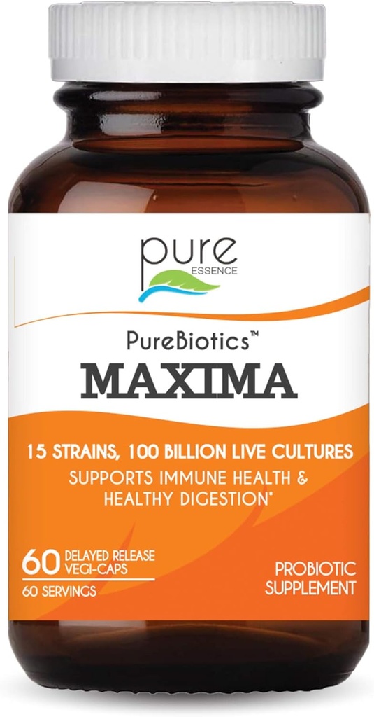 PURE ESSENCE LABS Maxima Probióticos 100 Billones CFU - Hombres Mujer Suplemento Probiótico para una mejor digestión - 15 Strains for Immune Support and Digestive Health (60 cápsulas)