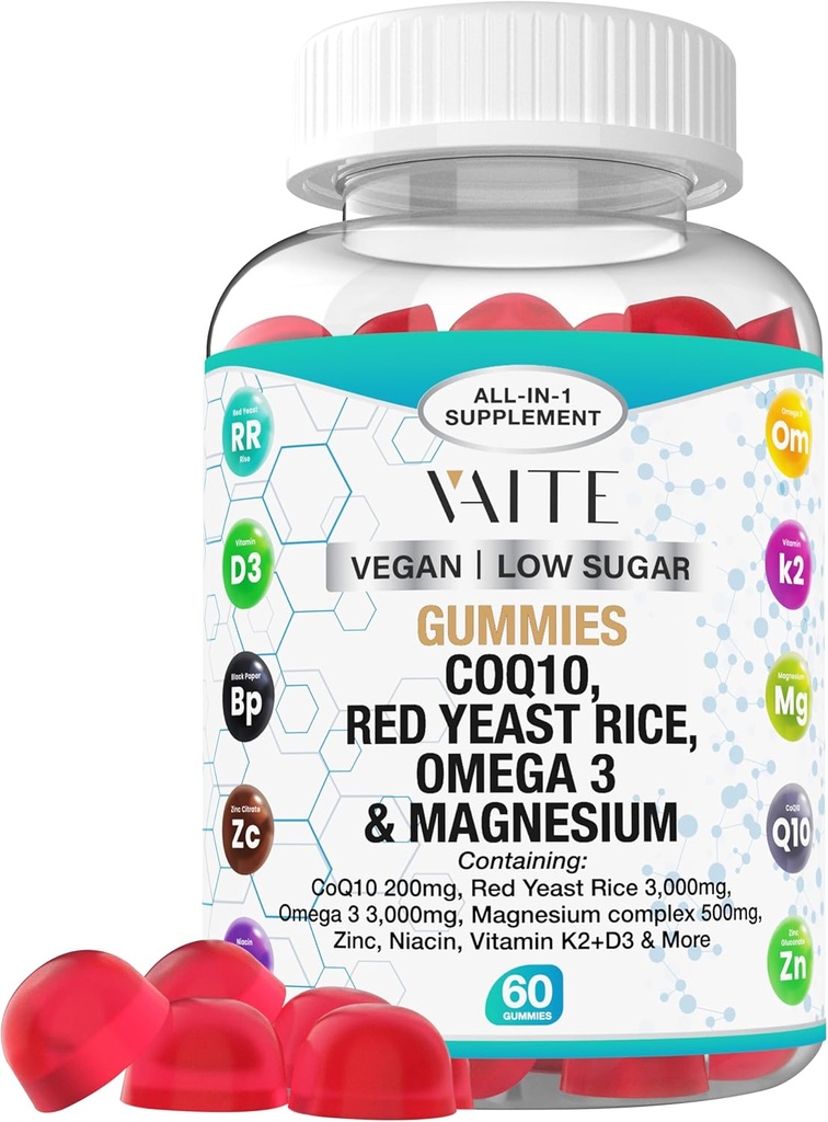 CoQ10 200mg Gummies with Red Yeast Rice &amp; Magnesium Glycinate – Omega-3, Zinc y Vitamina K2+D3 para salud general – Suplementos para adultos – 60 Gummies Chewable