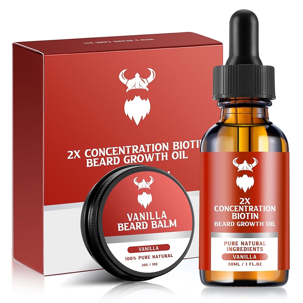 Kit de crecimiento de la barba - 2X Biotina de concentración para hombres, ingredientes naturales con aceite de argán, aceite de Jojoba y vitamina (Vanilla)