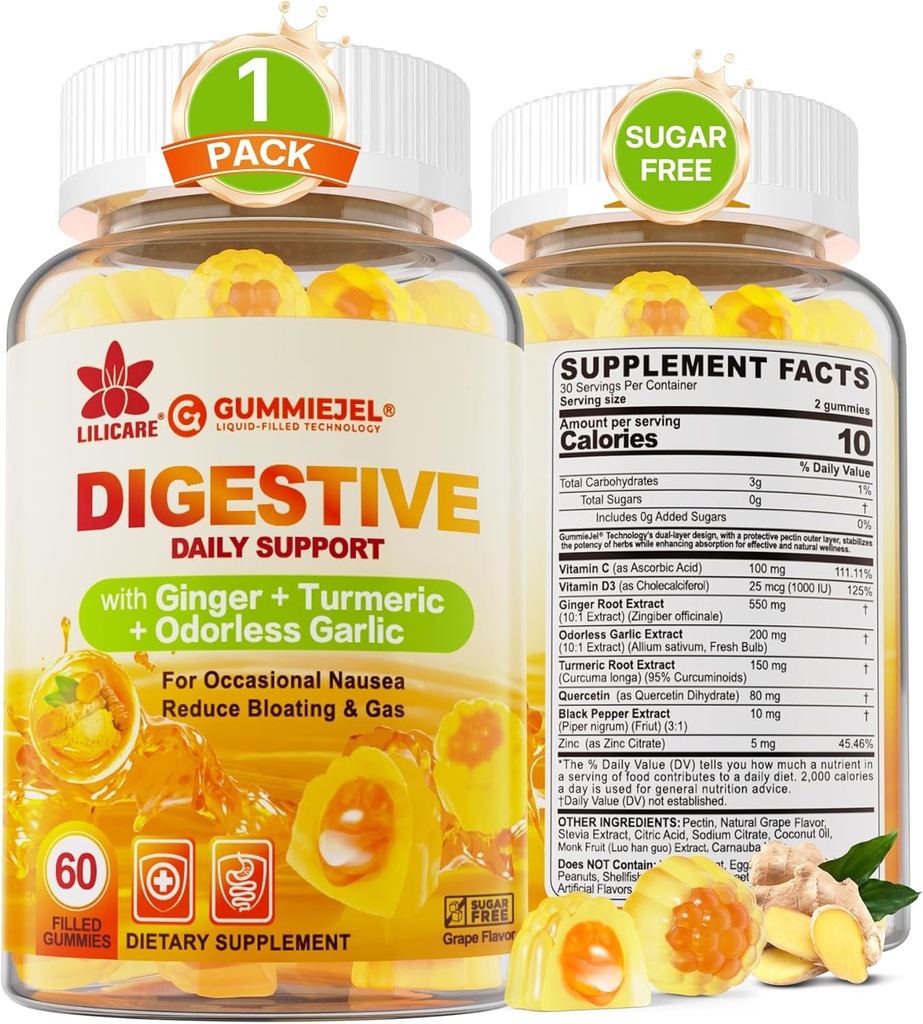 Ginger Chews Gummies for Nausea " Digestive Support, Stomach Relief - Sugar Free with Turmeric " Odorless Garlic, Quercetin, Vitamina D3, C, Delicious Digestive Supplements, 60Cts (Pack of 1)