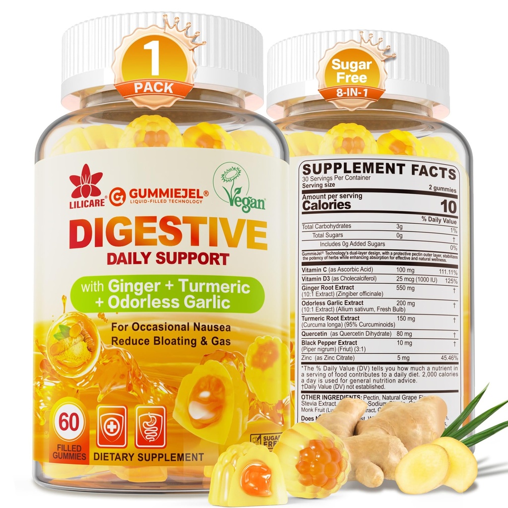 Ginger Chews Gummies for Nausea " Digestive Support, Stomach Relief - Sugar Free with Turmeric " Odorless Garlic, Quercetin, Vitamina D3, C, Delicious Digestive Supplements, 60Cts (Pack of 1)