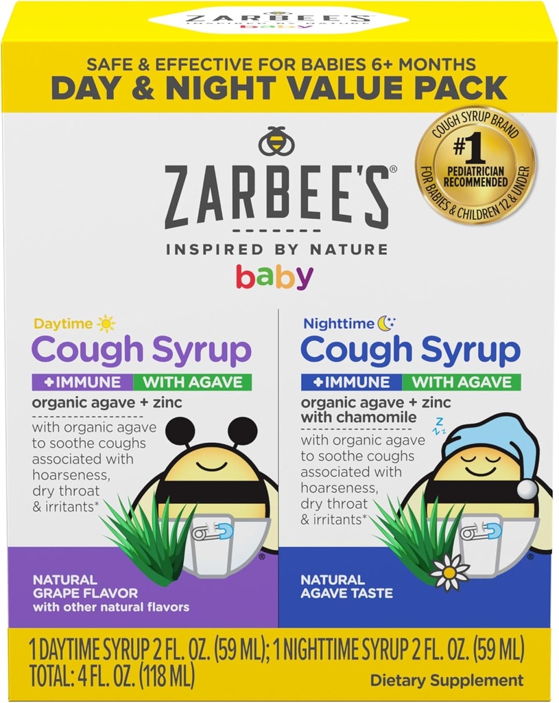 Zarbee's Baby Day &amp; Night Cough Medicine &amp; Syrup Value Pack with Organic Agave + Zinc for Immune Support, Natural Grape Daytime &amp; Chamomile Nighttime, Baby Cough Medicine, 2 x 2 fl oz