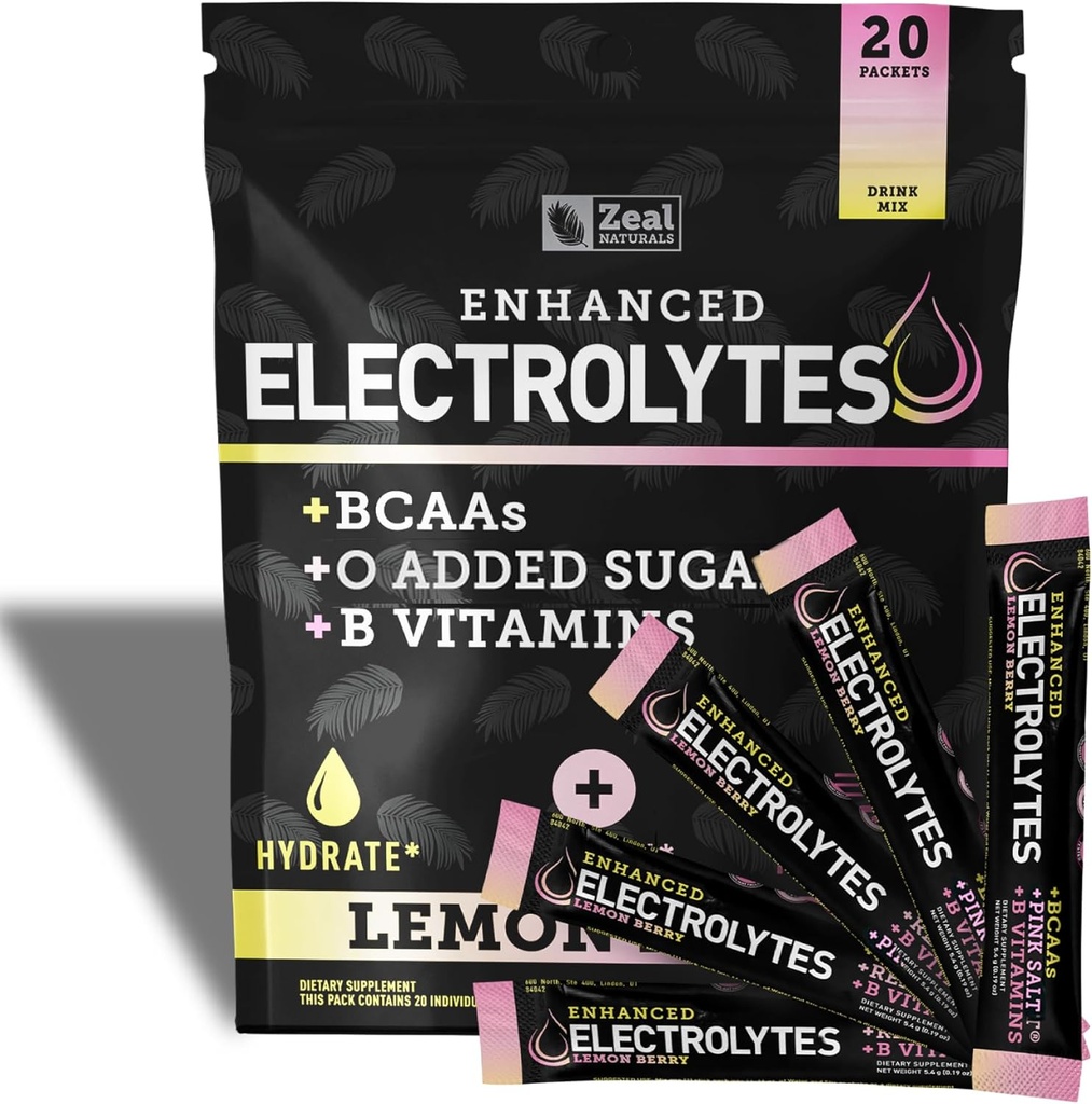 Enhanced Electrolyte Powder Stick Packs (Lemon Berry tención 20 Packets) w / 0 Sugar +BCAAs +B-Vitamins Electrolyte Suplemento w Potassium Zinc &amp; Magnesium for Hydration - Keto Electrolytes