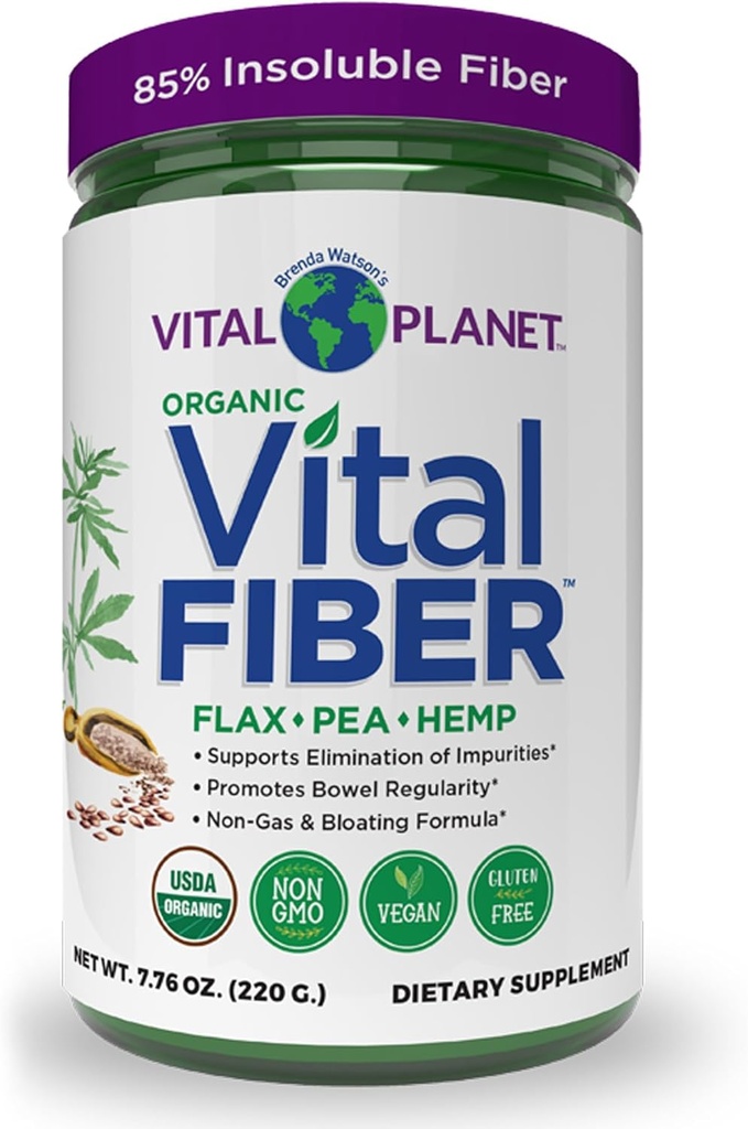 Planeta Vital - Vital Fibra Powder, Soluble e Insoluble Suplemento de fibra con Flax, Pea y cáñamo, Suplemento dietético orgánico apoya la regularidad digestiva Gut 7.76 oz
