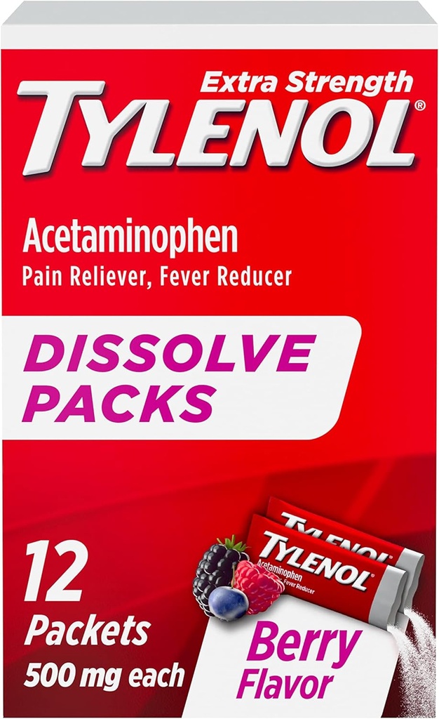 Tylenol Extra Strength Dissolve Packs, 500 mg Acetaminophen Pain Reliever " Fever Reducer, On-The-Go Powder Packets for Minor Aches " Pains, Ibuprofen- " Aspirin-Free, Berry Flavor, 12 ct