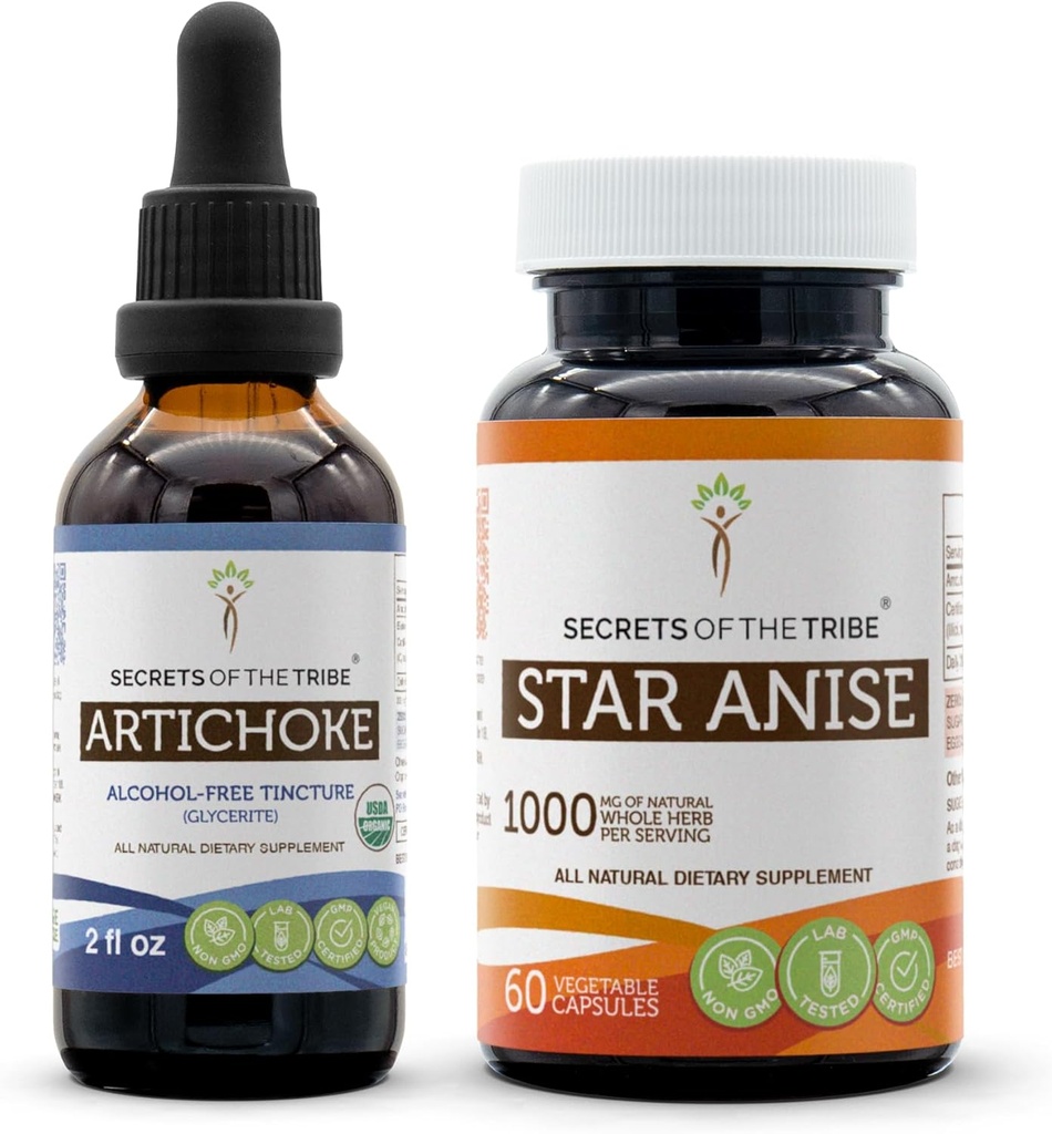 Artichoke USDA Organic and Star Anise Capsules (2 pcs.) ← Artichoke Orgánico Libre de Alcohol (Cynara scolymus) Leaf seco 2 oz y 1000 mg Star Anise (Illicium verum) Semilla seca (60 cápsulas)
