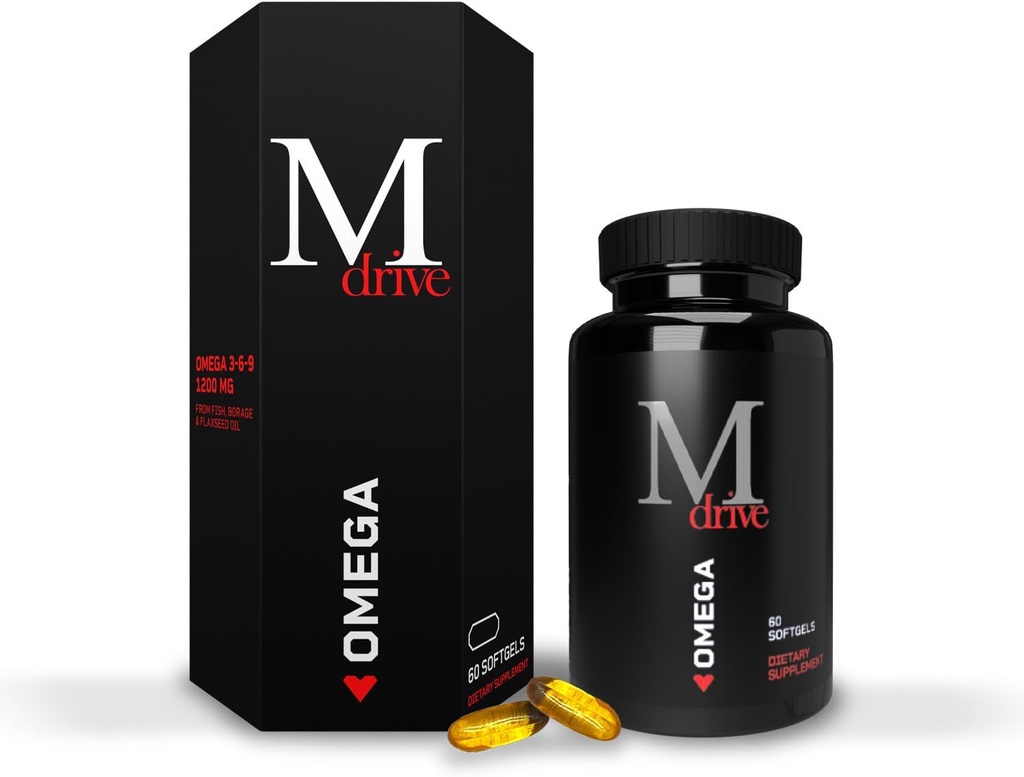Mdrive Omega 3 aceite de pescado para hombres, Omega 3-6-9 1200mg de pescado, Borage & aceite de linaza, corazón de apoyo, cerebro, piel y salud conjunta, 60 cuenta