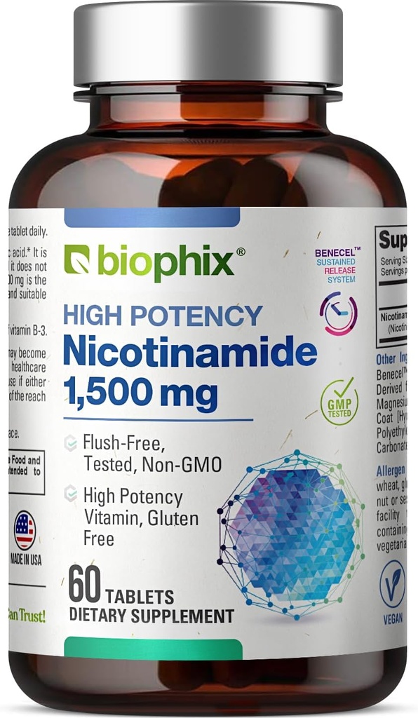 biophix B-3 Nicotinamide 1500 mg 60 Tablets Maximum Strength - Nicotinic Amide Niacin Natural Flush-Free Vitamina Fórmula - Supports Skin Cell Health