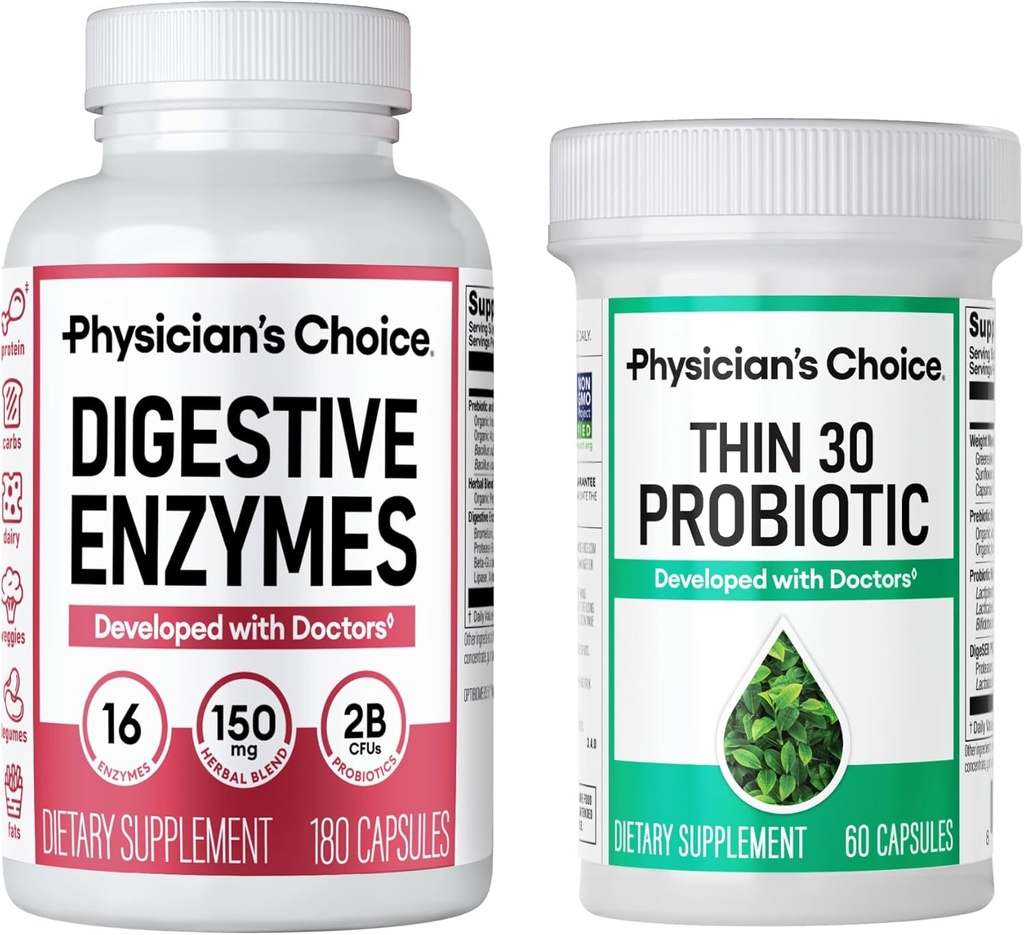 CHOICE de Physician - Beat Bloat + Soporte Weight Management Bundle: Digestive Enzymes 180ct + Thin-30 Probiotic 60ct - Value Pack