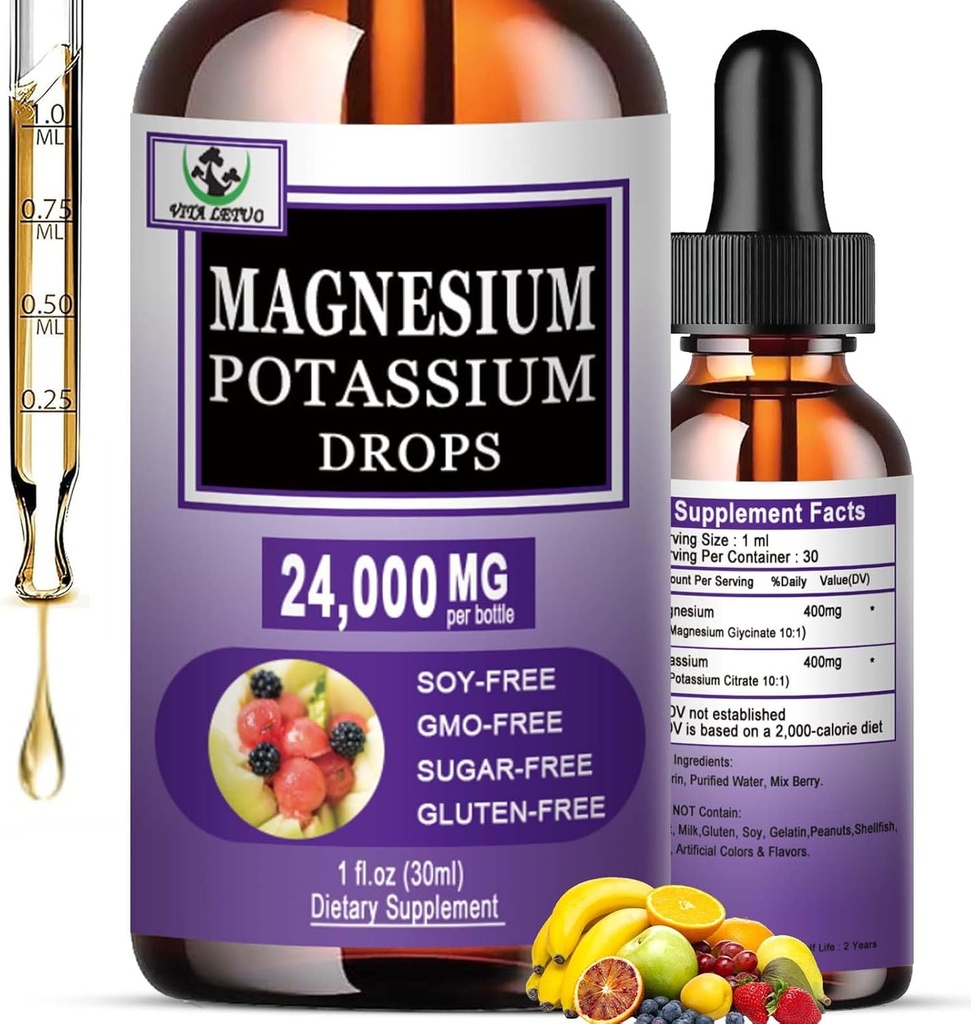 Magnesio Glycinate con suplemento de potasio,Liquid Magnesium Glycinate 500mg Citrato de potasio 500mg, gotas líquidas de magnesio para la salud vascular, bon, corazón, musculo, nórdica, vegan