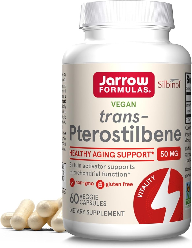 Jarrow Formulas® Pterostilbene 50mg para soporte antioxidante, suplemento dietético soporta envejecimiento saludable, 60 cápsulas vegetales, 60 días de suministro