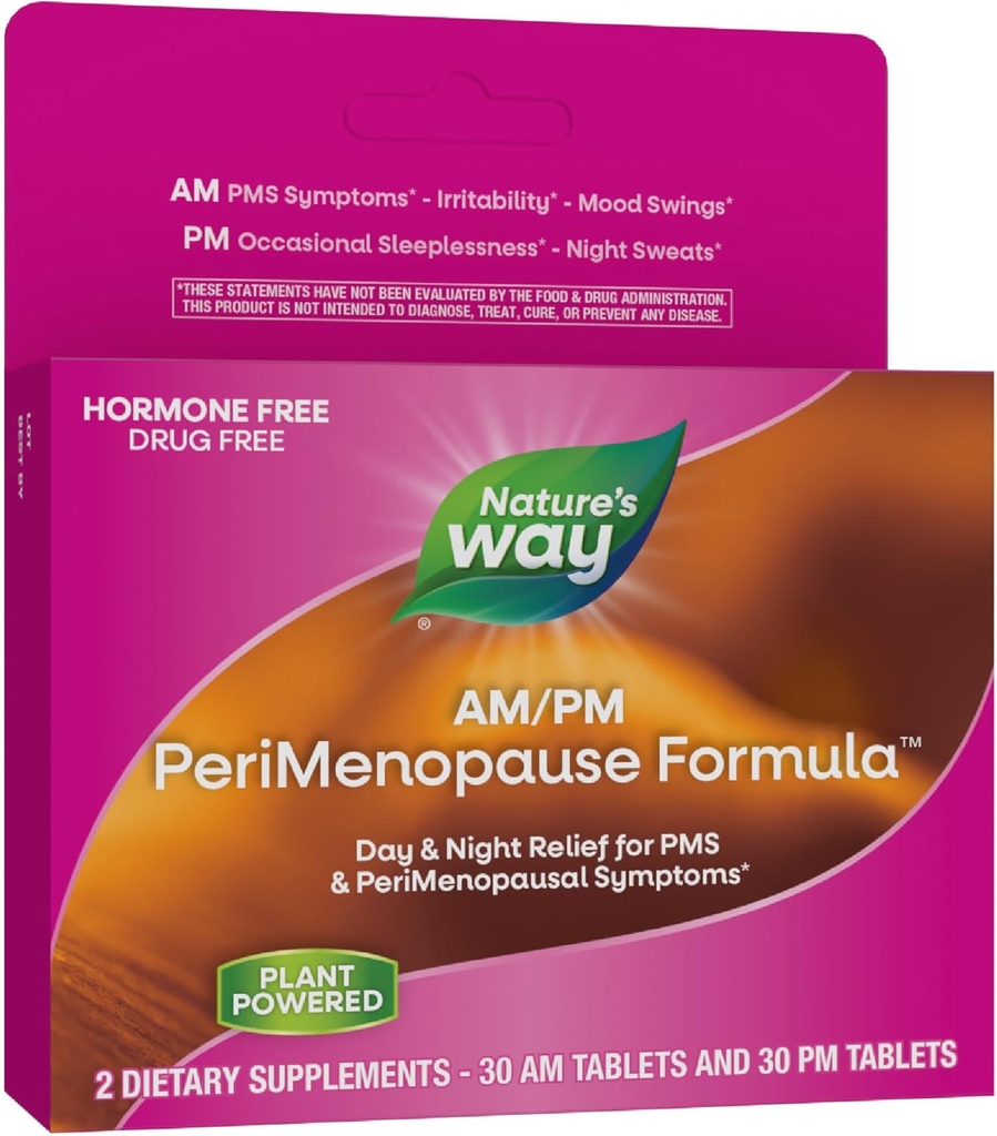 Manera de la naturaleza AM/PM PeriMenopause Fórmula, Perimenopause y PMS Symptom Support*, Flashes calientes libres de hormonas*, PMS Symptom*, sueño reparador*, 30 AM &amp; 30 PM Tablets (paquete mayo Vary)