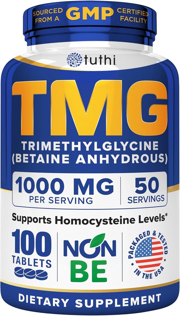 Tuthi TMG Suplemento – 1000mg Trimetilglicina – Aminoácidos betainos para soporte cardiovascular y niveles saludables de homocisteína – 100 tabletas vegas – libre de gluten, no transgénico – Hecho en EE.UU.