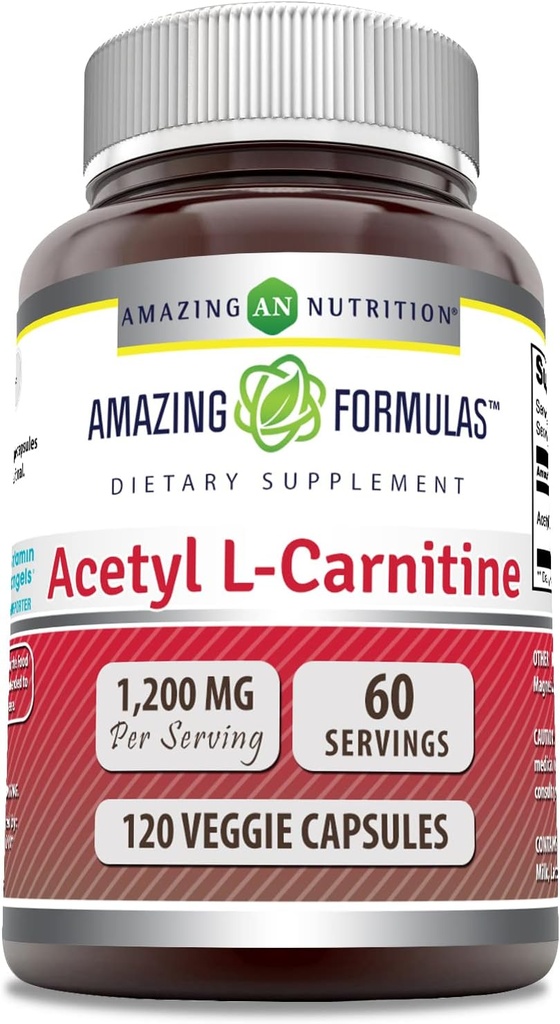 Fórmulas increíbles Acetyl L-Carnitine Suplemento Silencio 1200 Mg Silencio 120 Veggie Capsules Silencio No-GMO Silencio Gluten Gratis Silencio Made in USA