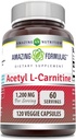 Fórmulas increíbles Acetyl L-Carnitine Suplemento Silencio 1200 Mg Silencio 120 Veggie Capsules Silencio No-GMO Silencio Gluten Gratis Silencio Made in USA