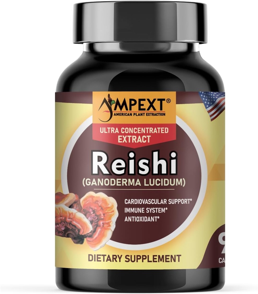 Reishi Mushroom Extract - Calidad Premium, Solo Cuerpos de Fruto, Antioxidante, Pmonotes Longevity, Booster Inmunity, Energía & Vitalidad, Elimina Fatiga, 90 Veg Caps.