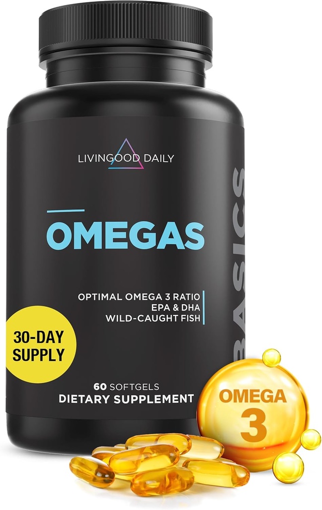 Livingood Daily Fish Oil Omega 3 Suplemento, EPA y Dha de Wild Caught Fish, Omega 3 Fatty Acids for Heart, Brain, and Joint Health for Men and Women, Gluten Free, 30 Day Supply, 60 Softgels