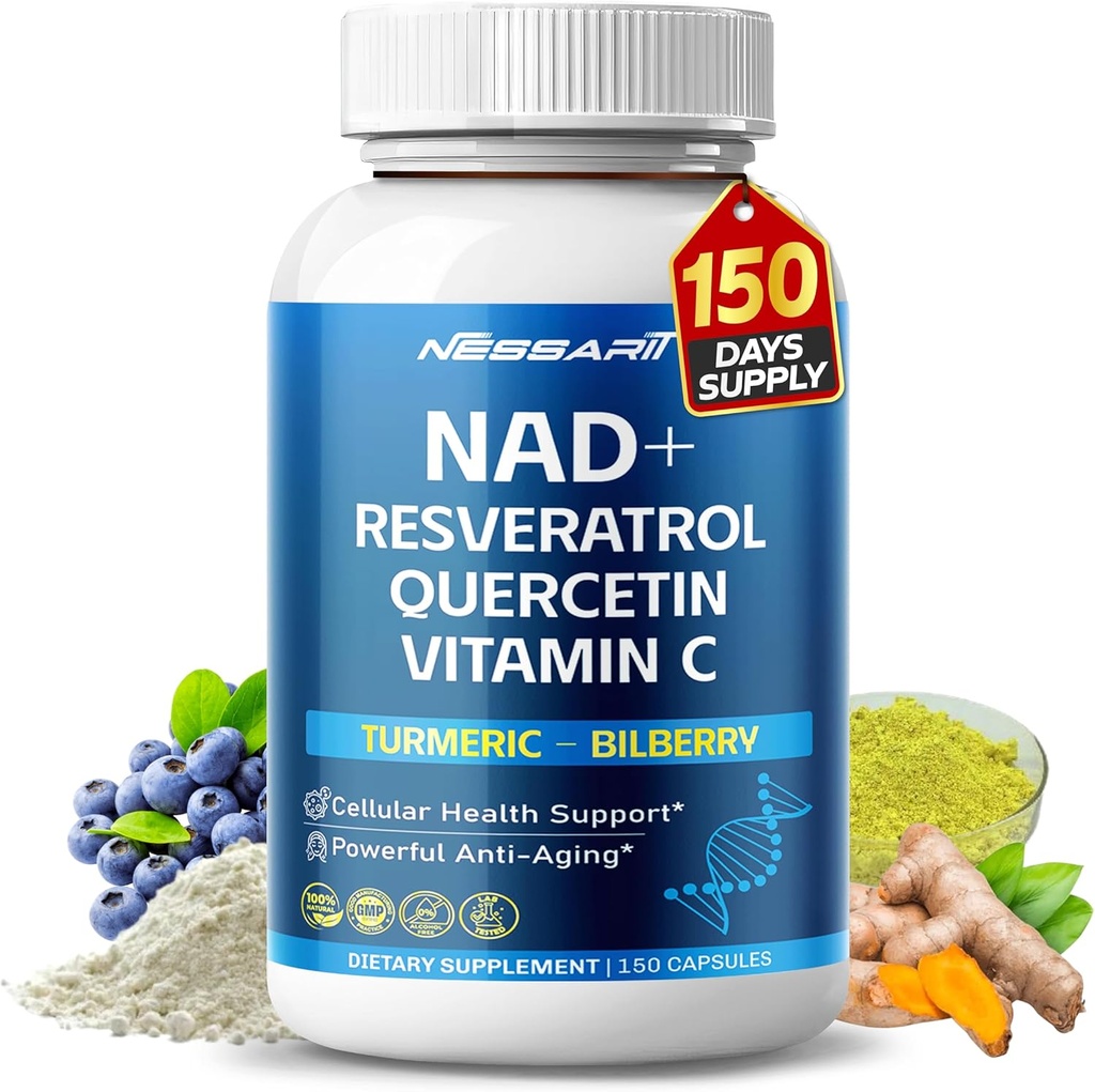 NAD+ RESVERATROL Suplemento- 10-in-1 Natural Blend with Quercetin Turmeric Berberine Bilberry Green Tea - 150 Cuenta - Realizado &amp; Tested in The USA