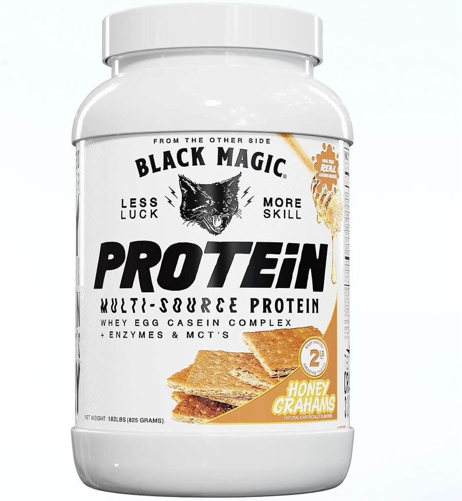Black Magic Multi-Source Whey Protein Powder - Whey, Egg, Casein Complex with Enzymes &amp; MCT's Keto, Low Sugar Pre/Post Workout Honey Graham Crackers Flavor 24g 2 LB, Pack of 1
