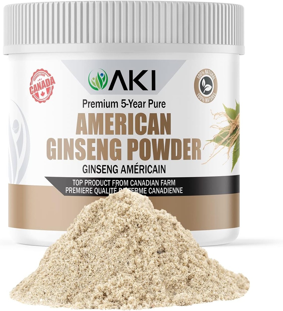 AKI American Ginseng Powder con 4% Ginsenosides - Ideal con café, Bebidas Como Smoothies (4oz/113g)