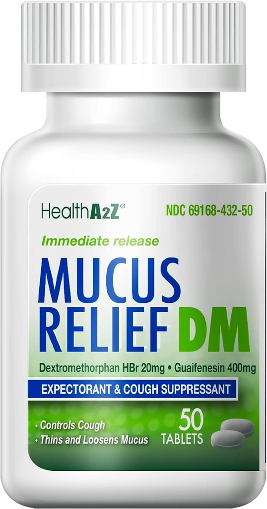 HealthA2Z® Mucus Relief DM TENIDO Dextromethorphan HBr 20mg TEN Guaifenesin 400mg ANTE No Benzene ANTE Cough, Comunicado inmediato, Uncoated (50 Conde (Pack of 1))