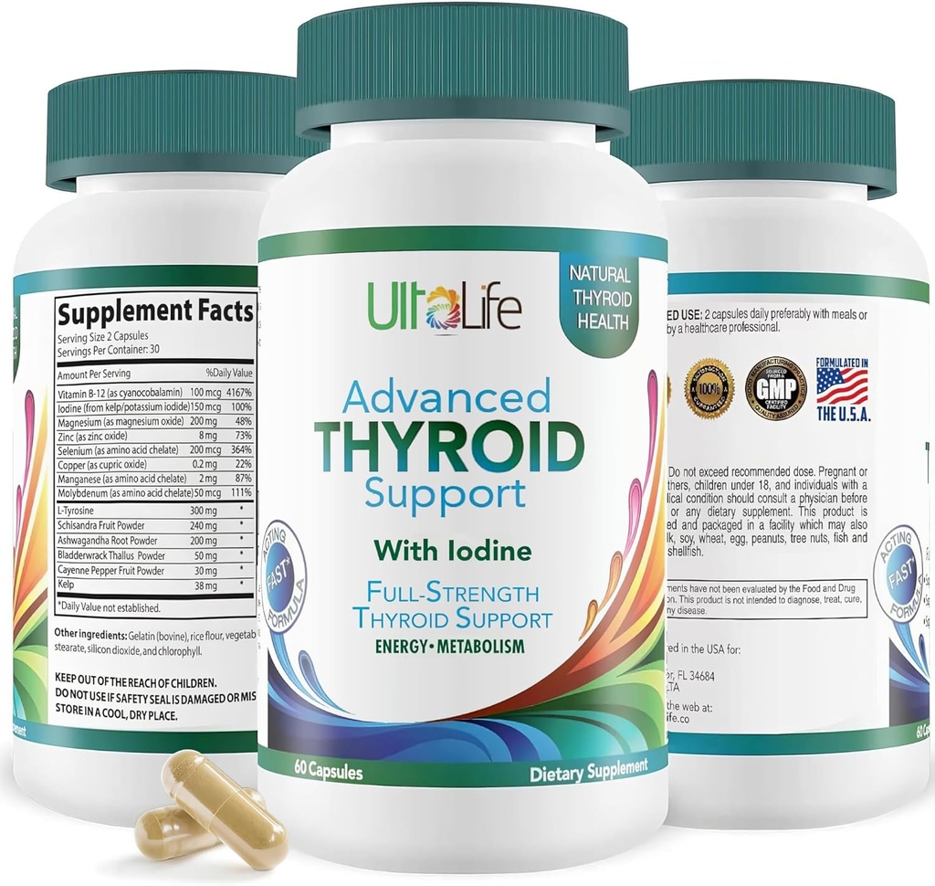 Daily Thyroid Boost Advanced Fórmula con Iodine Ashwagandha Vitamina B12 Zinc y Selenium para el metabolismo energético y Focus 60 cápsulas