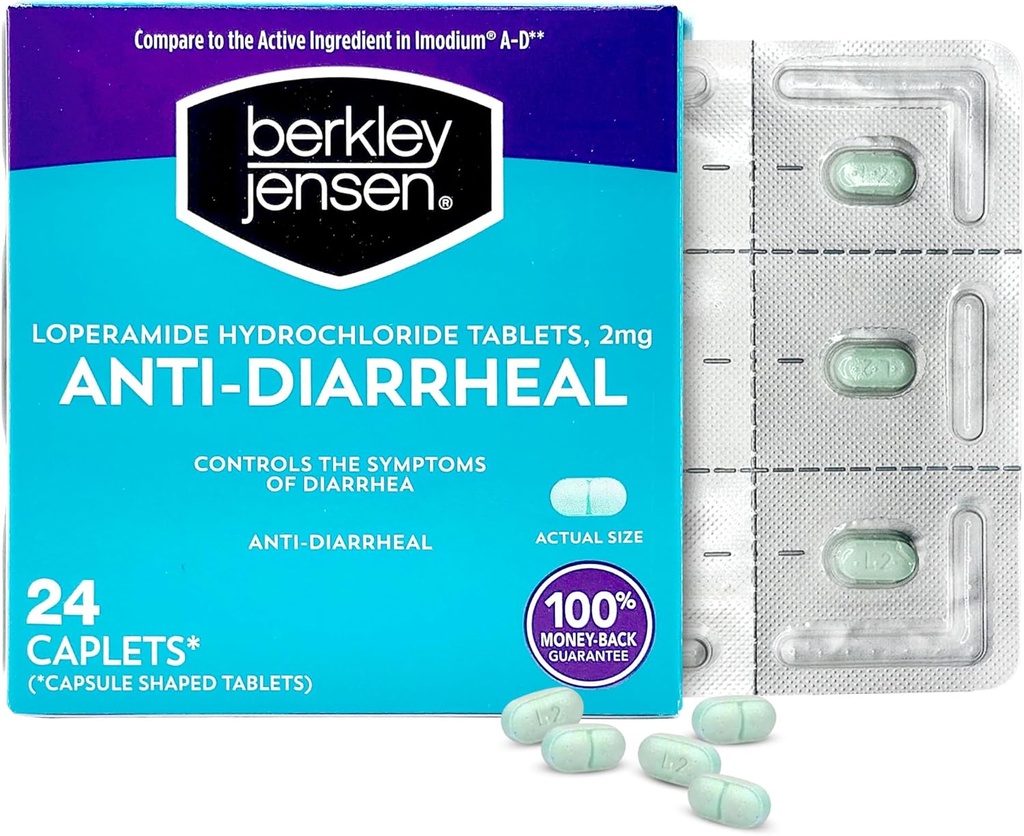 berkley jensen Anti-Diarrheal Medicine - Loperamide Hydrochloride 2 mg Dirrhea Relief Caplets - Control Symptoms of Diarrhea including Travelers' Diarrhea, Easy-to-Swallow Anti-Diarrhea Pills, 24 Ct