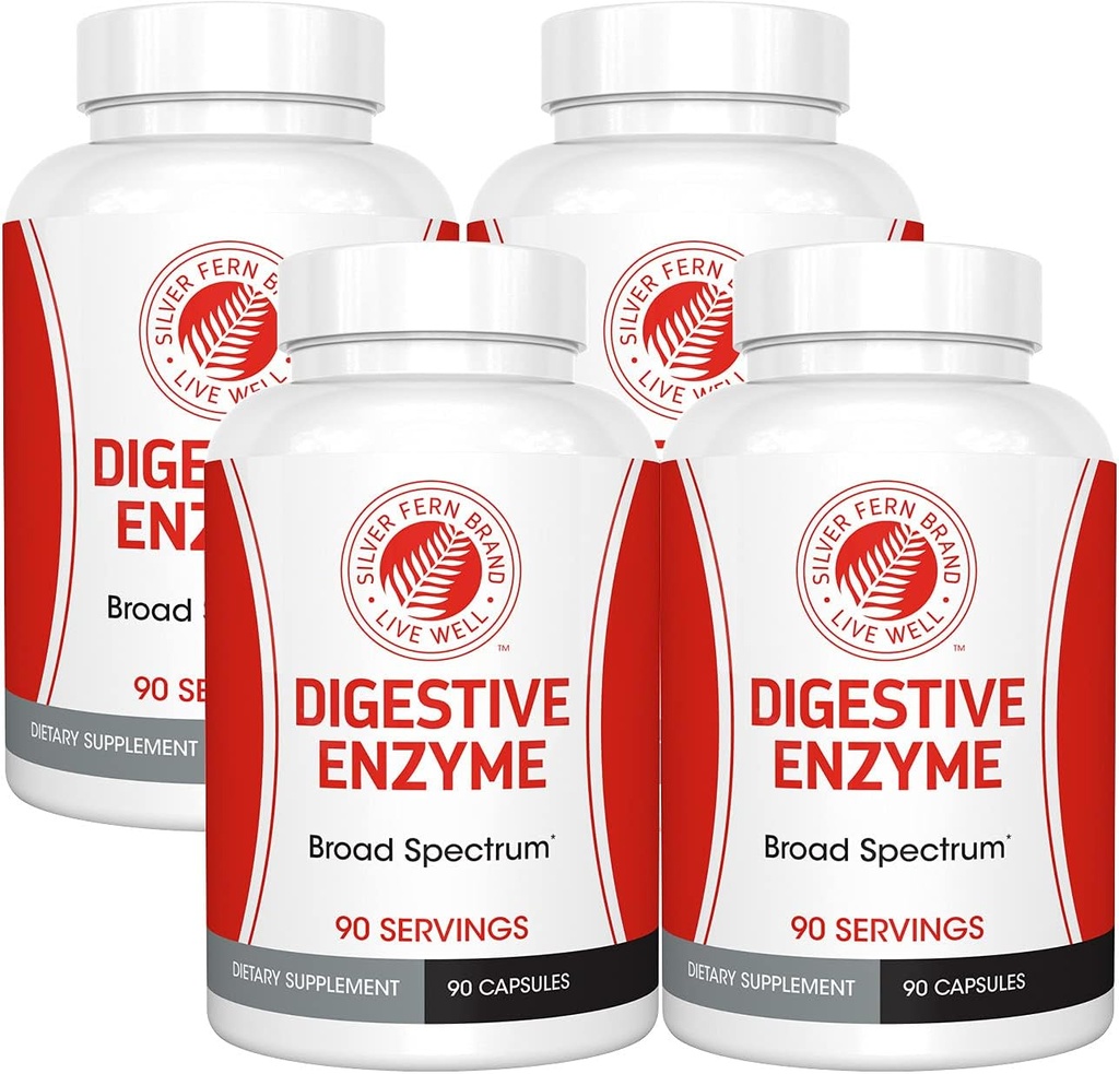 Silver Fern Brand Ultimate Digestive Enzyme Suplemento - 4 Botellas - High Potency, Multi Enzyme - Digestive Comfort &amp; Food Tolerance - Amylase, Protease, Cellulase, More