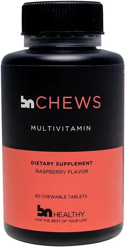 BNHealthy Chewable Multivitamínico con Hierro, Vitamina B12, Delicious Raspberry Flavor – 60 Ct – 30-60 Day Supply.