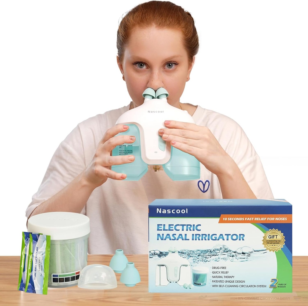 Electric Nasal Irrigation System, Nasal Rinse Machine Nose Cleaner for Sinus Adult, Nose Washer, Nasal Rinsing System con 50 Saline Packets (Green)