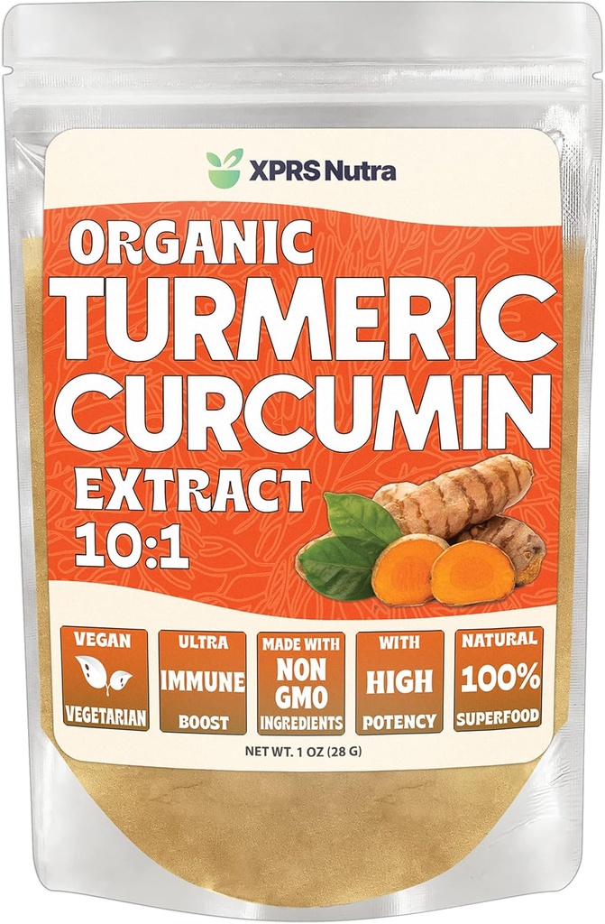 XPRS Nutra Organic Turmeric Curcumin Powder Extracto 10:1 - Premium USDA Organic Curcumin Powder for Immunity - Vegan Friendly Pure Curcumin for Gut Health (1 Ounce)