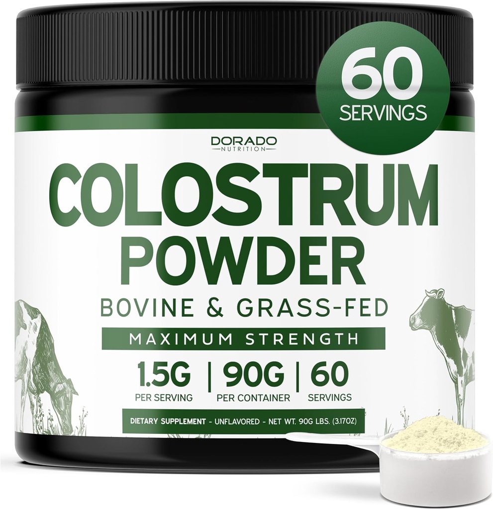 Colostrum Suplemento Powder 90g (60 Servimientos de 1.5g Pure Bovine Colostrum Std. para Contener 20% IgG Inmunoglobulinas) Grass Fed Powder - No Fillers, Tercer Partido Tested, Desflavored &amp; USA Made