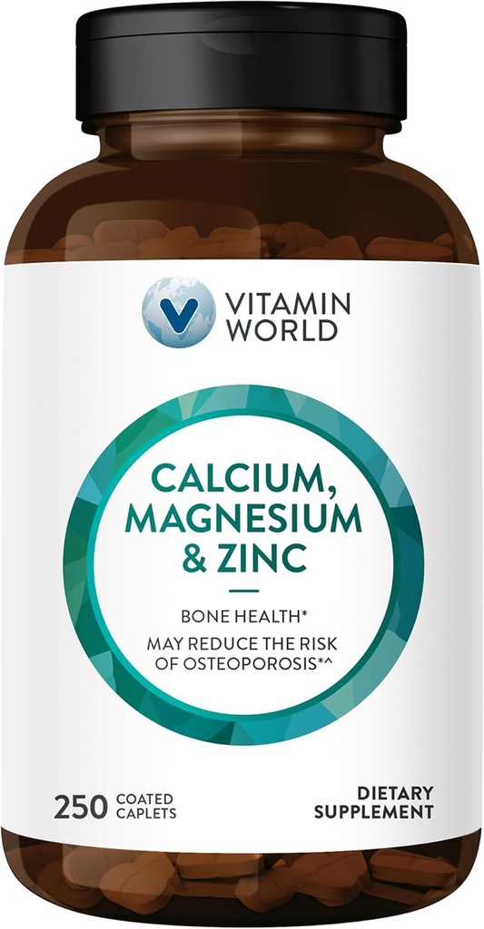 Vitamina Mundial Calcio Magnesio Zinc"Promotes Bone Health 250 Coated caplets