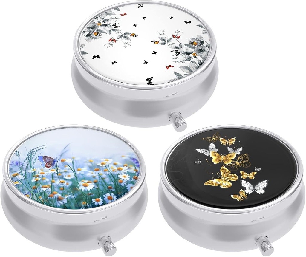 3 Pack Pill Box, Small Pill Case for Purse & Pocket, Cute Travel Medicine Organizer, Portable Medicine Container Holder to Hold Vitamins, Medication, Fish Oil & Supplement, Butterfly