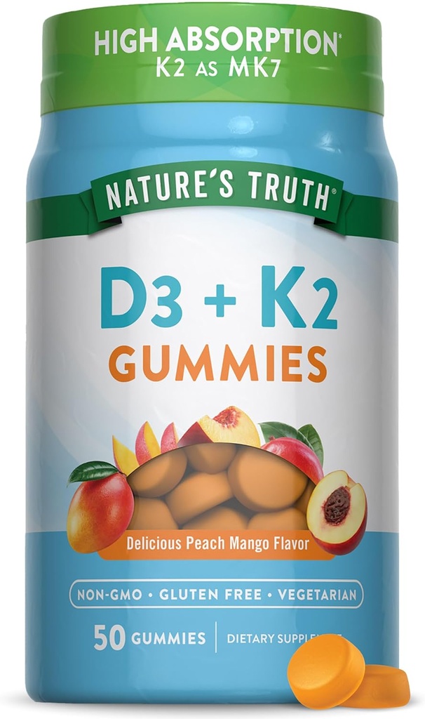 Verdad de la naturaleza Vitamina D3 + K2 Gummies tención 50 Conde ← Peach Mango Flavor Silencio Vegetariano, No GMO &amp; Gluten Suplemento Libre