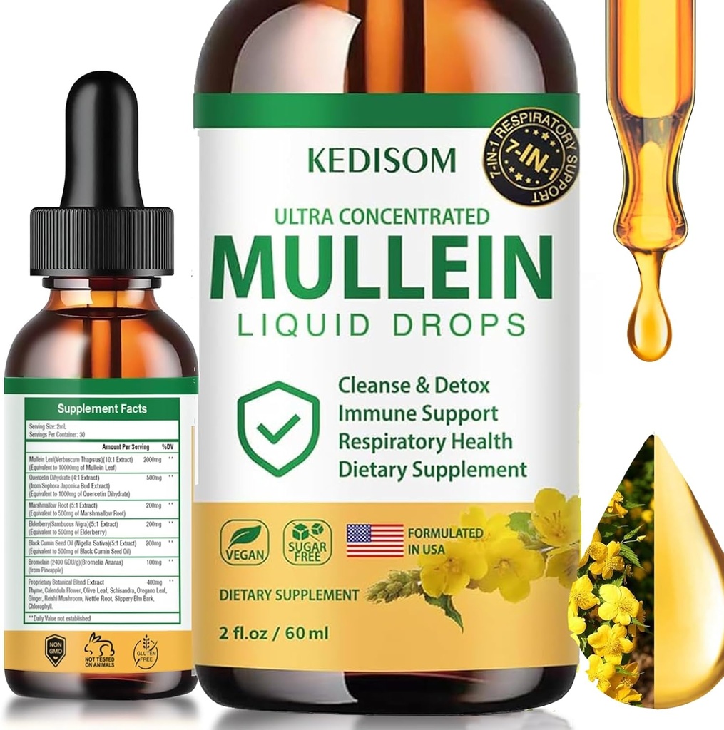 7 in 1 Mullein Drops for Lungs 2 Fl Oz - Organic Mullein Leaf Extract Suplemento - Lung &amp; Bronchial Cleanse for Smokers - Respiratory Health Support